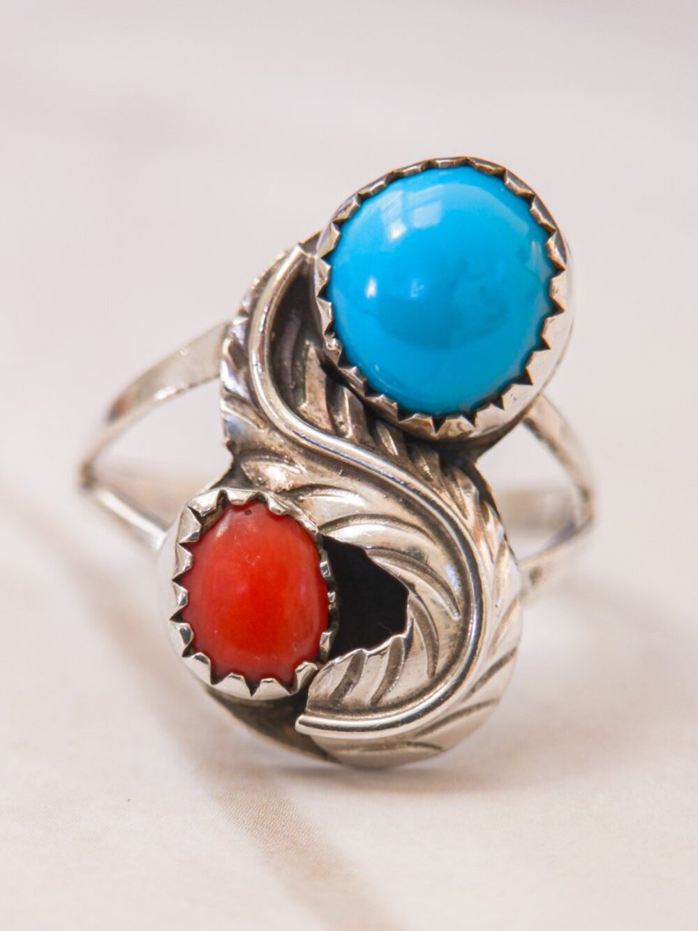 Prince Trading Co “P” Sterling Turquoise/Coral Ring, Size 7.75 (22mm)